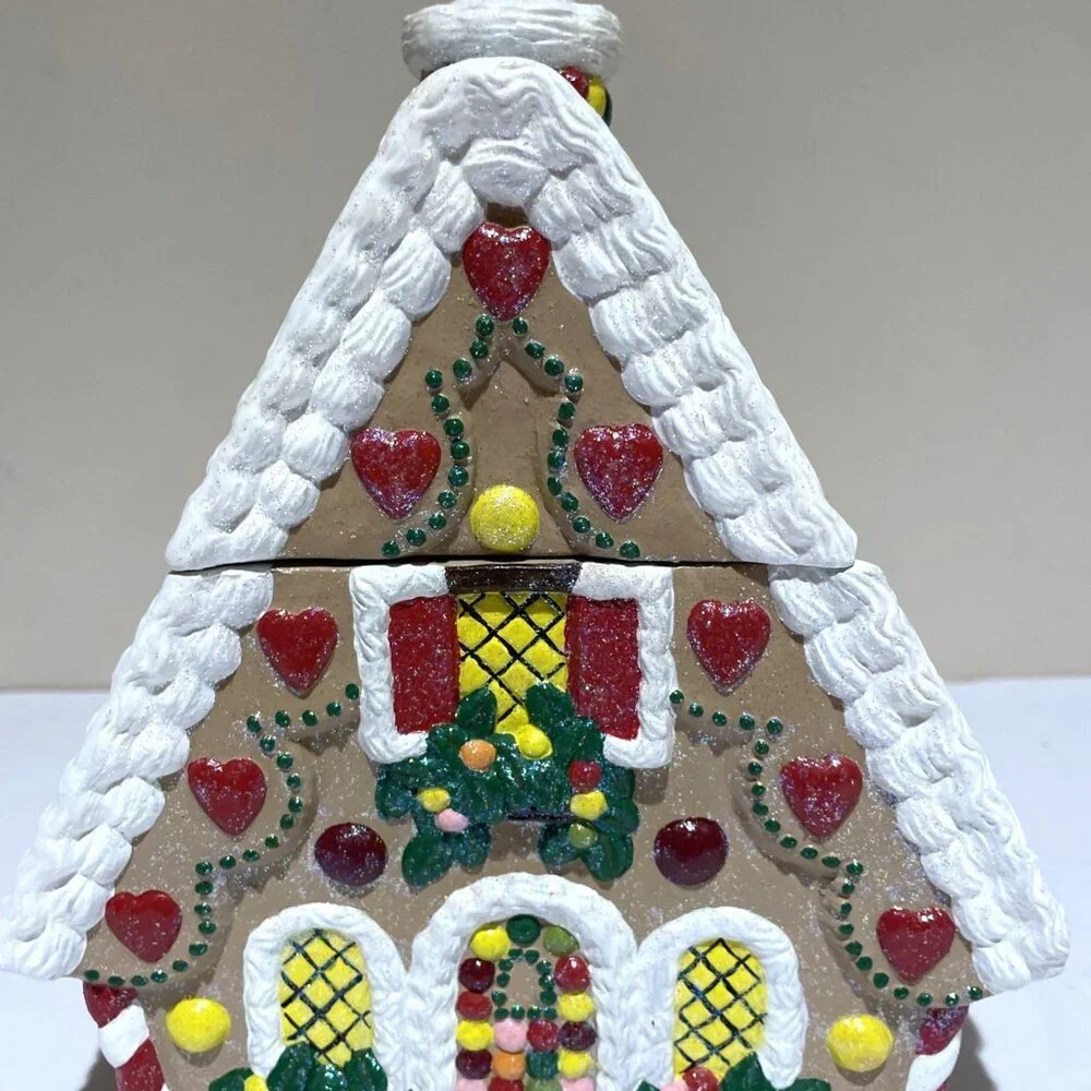 Vintage Handcrafted Gingerbread House Cookie Jar Canister Colorful Glitter 9